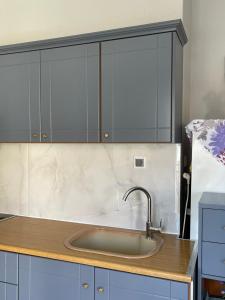 弗尔卡Voula's apartment 2的厨房配有水槽和灰色橱柜
