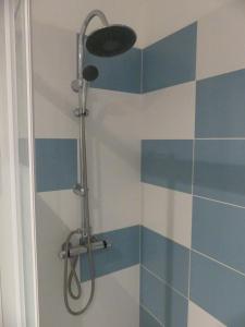 维伊勒佩Maison de village au calme axe Annecy - Genève的浴室铺有蓝色和白色瓷砖,设有淋浴。