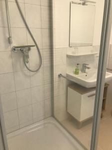 施托尔贝格Haus Bergstrasse的带淋浴和盥洗盆的浴室