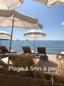 胡安莱潘Villa Butterfly - Jardin - Plage 400m的海滩上的一组椅子和遮阳伞