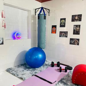朱笃Nhà nghỉ Bảo Trâm的健身房设有健身球和哑铃