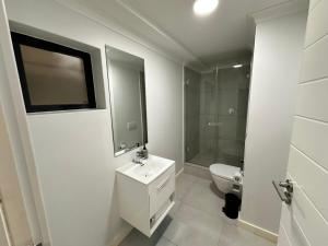 开普敦Newlands Peak Apartments的一间带水槽、卫生间和镜子的浴室