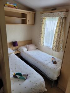 LlwyngwrilCosy caravan Sunbeach的带窗户的客房内设有两张单人床。