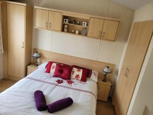 LlwyngwrilCosy caravan Sunbeach的一间卧室配有一张带紫色枕头的床