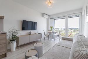 PrievozCozy apartment near city centrum and Bratislava airport的带沙发、电视和桌子的客厅
