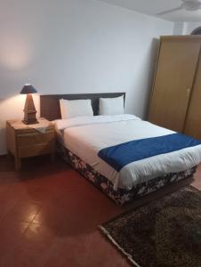 卢克索Hoppa Guest House Nile View的一间卧室配有一张床和一张桌子上的台灯