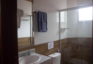 凯鲁Apto com vista mar no coração de Morro de SP的一间带水槽、卫生间和镜子的浴室