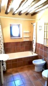 特拉武科新镇6 bedrooms villa with private pool enclosed garden and wifi at Villanueva del Trabuco的带浴缸和卫生间的浴室以及电视。