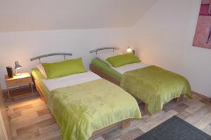 科布伦茨Ferienwohnung Uni Koblenz的配有两张绿色和白色床单的床铺