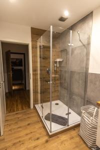莱米拉斯Südschleife Appartements - WLAN - Direkt am Ring的浴室里设有玻璃门淋浴