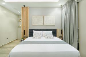 阿布贾Kashco Apartments Wuse 2 Abuja的卧室配有一张带两个枕头的大白色床