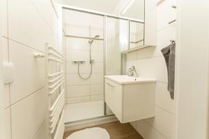 林茨利奥便捷公寓的带淋浴和盥洗盆的白色浴室