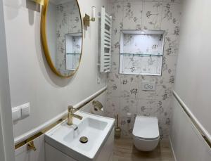 姆拉哥沃Go Mazury的一间带水槽、镜子和卫生间的浴室