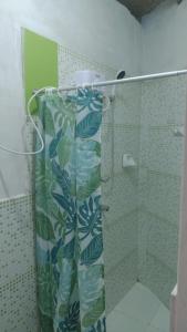 曼克拉Punta Pacífico Bungalows Máncora的一间带绿色淋浴帘的淋浴的浴室