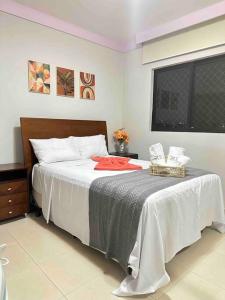 萨尔瓦多Apt encantador! Perto da orla e C de Convenções- Apartamento inteiro的一间卧室配有一张带白色毯子的床和窗户。