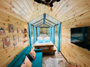 艾德亚耶拉西River Land Rize的木制客厅设有蓝色沙发