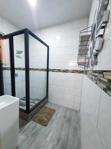 卢萨卡Kumwitu Luxury Apartments的带淋浴的浴室和玻璃门