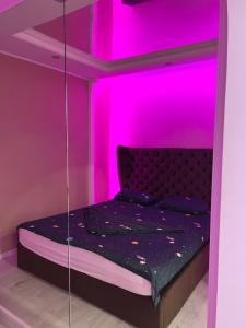 第聂伯罗Апартаменты Бульвар Славы 21的粉红色天花板的房间里一张床位