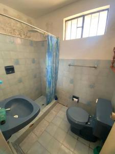 圣巴托洛Bungalow acogedor cerca a todo的浴室配有蓝色卫生间和浴缸。