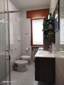 维琴察Appartamento Fiera Vicenza的一间带水槽、卫生间和淋浴的浴室