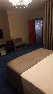 伊斯坦布尔Acar Suite Hotel的一间卧室配有一张床、一张沙发和一个吊灯。