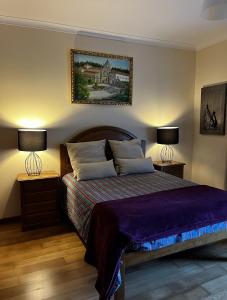 雷森迪Casa do eirô的一间卧室配有一张带两盏灯的床,墙上挂着一张照片
