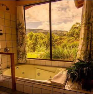 CopeyEl Toucanet Lodge的带浴缸的浴室和窗户