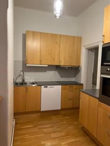 斯德哥尔摩Home Inn KG26的厨房配有木制橱柜和白色洗碗机。