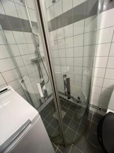 斯德哥尔摩Home Inn KG26的浴室里设有玻璃门淋浴