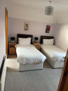 罗斯莱尔Padua Guest Accommodation Rosslare的一间卧室设有两张床和两个床头柜