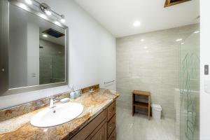 Naranjos AgriosLake Arenal Condos的一间带水槽、镜子和淋浴的浴室
