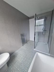 EstonCozy 6 Bedroom HMO的带淋浴、卫生间和盥洗盆的浴室