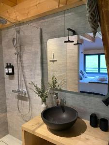 Viuz-en-SallazGîte de charme avec jacuzzi #Calme #Cosy的浴室设有黑色水槽和镜子