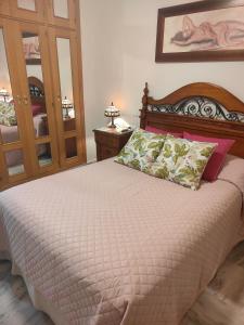 马拉加Suite Salitre12的一间卧室配有一张大床和木制床头板