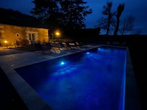 LuzilléSans Souci Bed and Breakfast Luxe Heated Pool and Restaurant的夜晚的游泳池,灯光蓝色