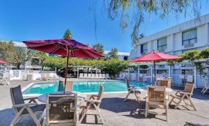 贝尔蒙旧金山6号汽车旅馆 - 红木城的一个带桌椅和遮阳伞的游泳池