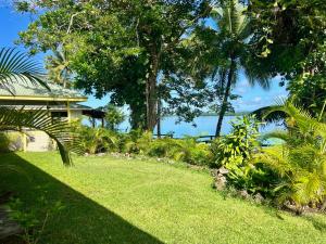 卢甘维尔Lapita Beach Aore Island Vanuatu的种有草树和水的花园