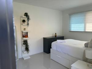 达尼亚滩Comfy studio的白色的卧室设有床和窗户