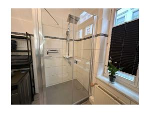 什未林Family apartment at Pfaffenteich的浴室里设有玻璃门淋浴