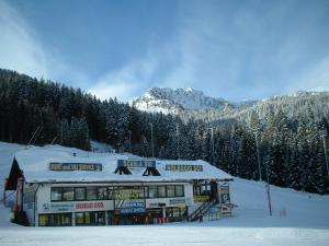 马里尔伊瓦Appartamento Artuik的滑雪场顶部的一座有雪盖的建筑