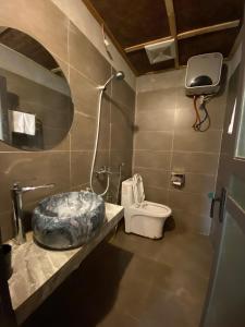 河江Ha Giang Xanh Retreat, Tour and Motorbike Rental的一间带卫生间和水槽的小浴室
