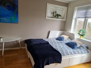 利勒桑Kaldvell Apartman的一间卧室配有一张带蓝色床单的床和一张桌子。