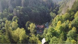 霍盖思Waldhaus Wolfsbachmühle的森林中间房屋的空中景观
