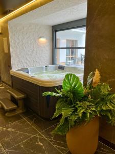 布克维Chalet Fomich的一间带窗户和植物浴缸的浴室