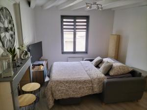 布尔格伊Brume de Loire的一间卧室配有一张床、一张沙发和一个窗口