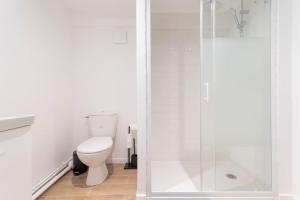 里尔Lille Bel appartement Cosy avec Mezzanine的白色的浴室设有卫生间和淋浴。