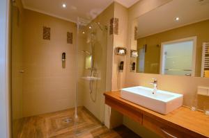 吕德斯海姆菩提树酒店的一间带水槽和淋浴的浴室