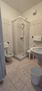 斯科佩洛阿尔坎图兹欧酒店的带淋浴、卫生间和盥洗盆的浴室