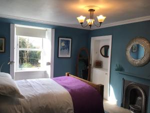 洛克比Mansefield Rooms的一间拥有蓝色墙壁、一张床和镜子的卧室
