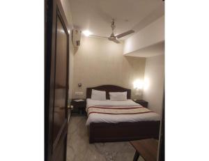博帕尔Hotel Vishnu Villas, Bhopal的一间卧室配有一张床和吊扇